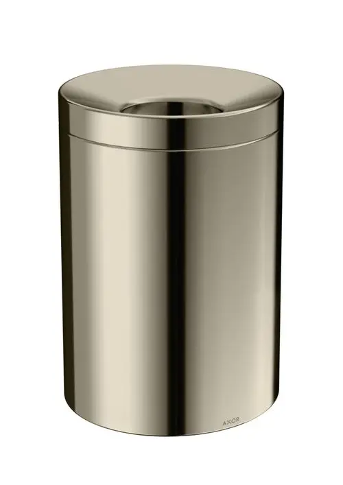 Runder Abfalleimer mit Deckel in polierter Nickel-Oberfläche, beschriftet mit "AXOR", auf einem weißen Hintergrund.